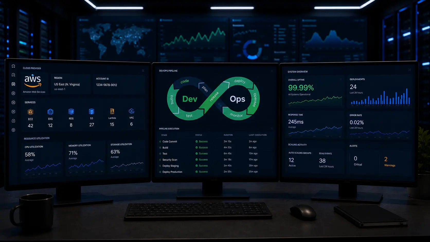 Cloud infrastructure dashboard showing multi-cloud management, performance metrics, and deployment pipelines