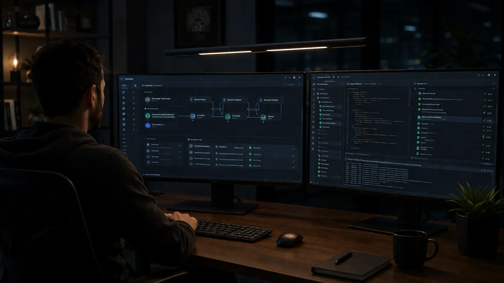 Cloud infrastructure dashboard showing AI agents coordinating support, lead handling, and business actions